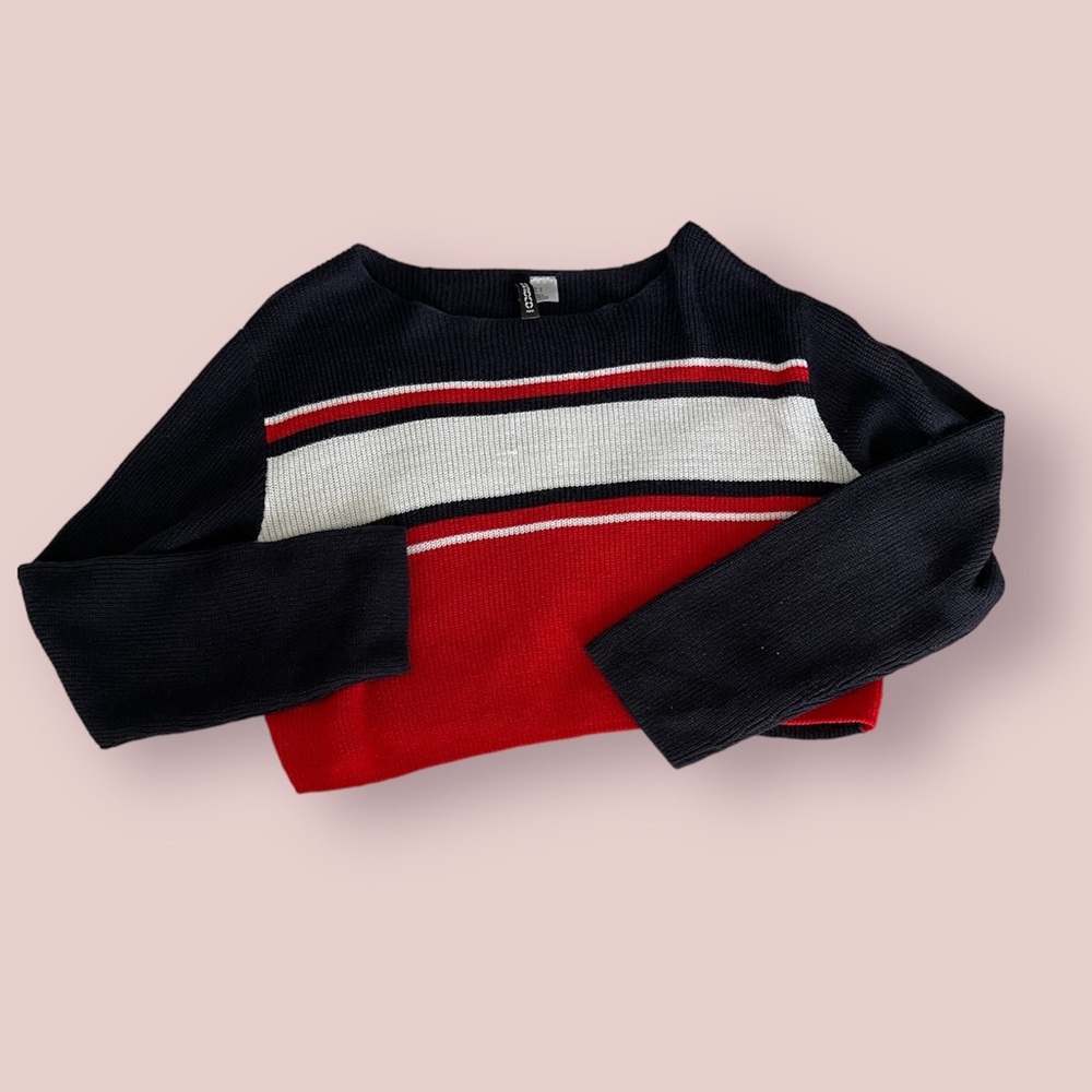 H&M Black Cropped Sweater w/ Red and White Lines